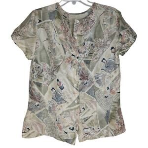 Vintage Geisha Print Top Women Medium Asian Japanese Art to Wear Eclectic Boho